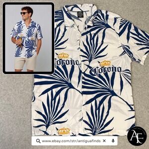 Corona Extra Mens XL Rayon Hawaiian Shirt Blue White Tropical Palm Beer Logo